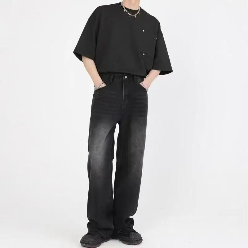 Korean Fashion Men Wide Leg Je - Streetwear Brand Denim 评论和价格